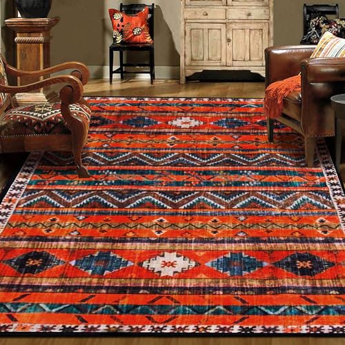 WAHIKASKI Teppich Wohnzimmer 120 x 180 cm, Klassischer Vintage Heimdeko, Waschbar Anti-Rutsch Unterseite, Geometrie-Streifendesign, Tiefes Orangegelb, Kurzflor Teppich FüR Schalfzimmer, Pflegeleicht. von WAHIKASKI