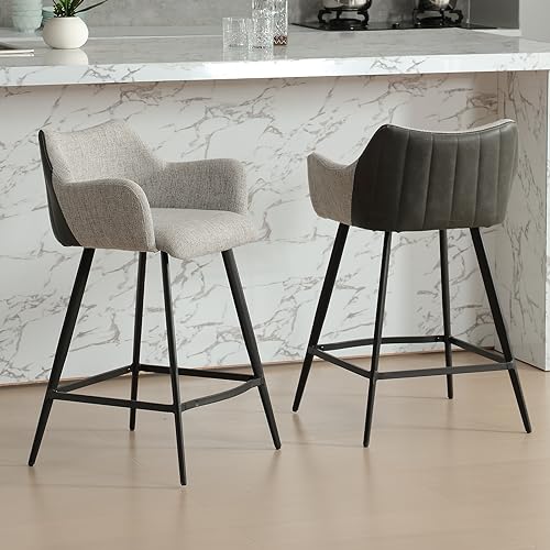 Wahson Barhocker 2er Set Thekenhocker, Barstühle mit Lehne 2 farbig Bistrohocker aus Leinen Kunstleder, Moderne Frühstückshocker für Küche/Hausbar,Grau von WAHSON OFFICE CHAIRS