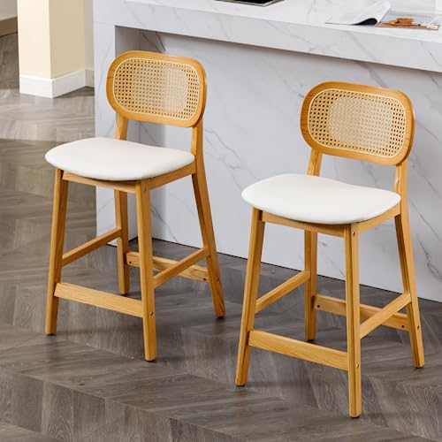 Wahson Rattan Barhocker 2er Set, Barstuhl Bistrohocker gepolsterte Sitzfläche aus Kunstleder Küchenhocker Tresenhocker für Kücheninsel/Hausbar von WAHSON OFFICE CHAIRS