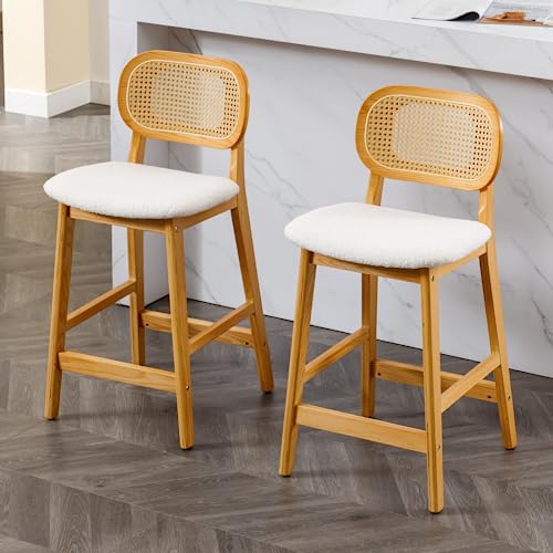 Wahson Rattan Barhocker 2er Set, Barstuhl Bistrohocker gepolsterte Sitzfläche aus Teddystoff Küchenhocker Tresenhocker für Kücheninsel/Hausbar von WAHSON OFFICE CHAIRS