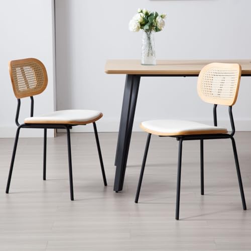 Wahson Rattan Esszimmerstühle 2er Set Küchenstuhl Rattanstuhl mit Metallbeinen Sitzfläche aus Kunstleder Polsterstuhl für Esszimmer, Weiß von WAHSON OFFICE CHAIRS