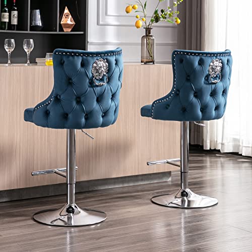 Wahson Samt Barhocker 2er Set Barstuhl Moderne Tresenhocker Drehbar Küchenhocker Höhenverstellbar Bistrohocker mit Leinen für Küche/Hausbar (Blau) von WAHSON OFFICE CHAIRS