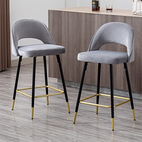 Wahson Samt Barhocker 2er Set Küchenstühle Frühstücksküche Thekenstühle mit Rückenlehne und Metallbeinen für Küche/Hausbar, Grau von WAHSON OFFICE CHAIRS