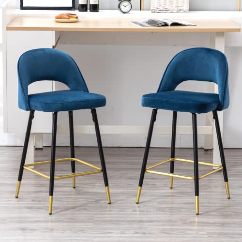 Wahson Samt Barhocker 2er Set Küchenstühle Frühstücksküche Thekenstühle mit Rückenlehne und Metallbeinen für Küche/Hausbar,Blau von WAHSON OFFICE CHAIRS