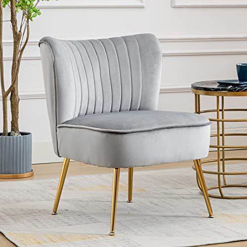 Wahson Samt Sessel Wohnzimmer moderner Loungesessel Geplosterter Ohrensessel mit goldenen Metallbeine für Wohnzimmer/Schlafzimmer, Grau von WAHSON OFFICE CHAIRS