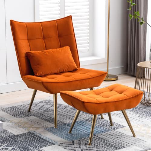 Wahson Sessel Samt Relaxsessel Loungesessel Ohrensessel Polsterstuhl mit Hocker Fernsehsessel Lesesessel für Schlafzimmer/Wohnzimmer (Orange) von WAHSON OFFICE CHAIRS