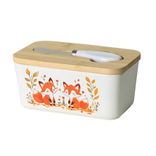WAIT FLY Fox Keramik-Butterdose mit Bambusdeckel und Messer, 2 Stäbchen, Butterdose, Behälter für Küche, Arbeitsplatte, Heimdekoration, Fuchs von WAIT FLY