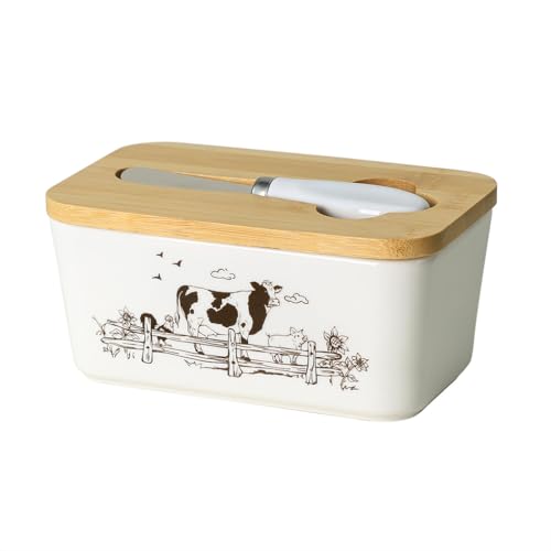 WAIT FLY Keramik-Butterdose mit Bambusdeckel und Messer, 2 Stäbchen, Butterdose für Küche, Arbeitsplatte, Heimdekoration, Kuh WAIT FLY Keramik-Butterdose mit Bambusdeckel und Messer, 2 Stäbchen, Butterdose für Küche, Arbeitsplatte, Heimdekoration, Kuh von WAIT FLY