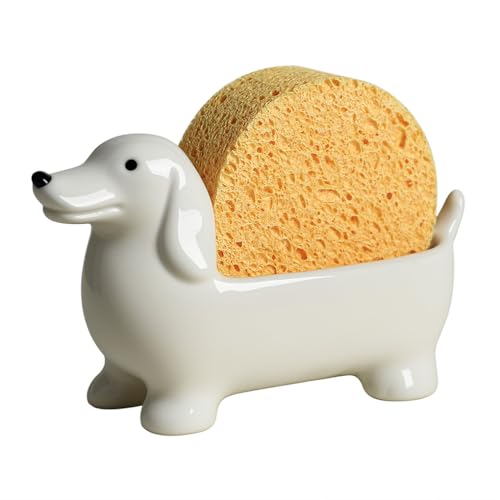 WAIT FLY Keramik-Schwammhalter in Dackel-Form für Küchenspüle, Theke, Schwammregal, Spülbecken-Caddy Organizer von WAIT FLY