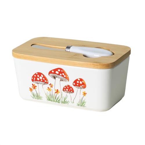 WAIT FLY Pilz-Butterdose aus Keramik mit Bambusdeckel und Messer, 2 Stäbchen, Butterdose, Butterbehälter, Halter für Küchenarbeitsplatte, Heimdekoration, Pilz WAIT FLY Pilz-Butterdose aus Keramik mit Bambusdeckel und Messer, 2 Stäbchen, Butterdose, Butterbehälter, Halter für Küchenarbeitsplatte, Heimdekoration, Pilz von WAIT FLY