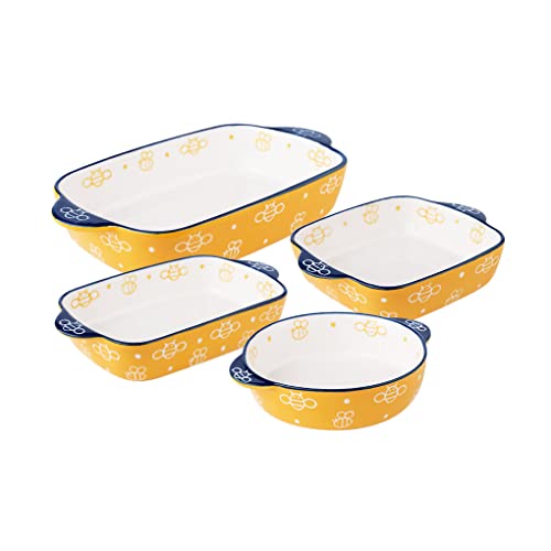 WAIT FLY Schöne handbemalte Bienen-Keramik-Backformen mit Griffen, Lasagnepfannen, Auflaufformen, Backformen zum Kochen, Kuchen-Abendessen, Küche-Gelb-Set von 4 von WAIT FLY