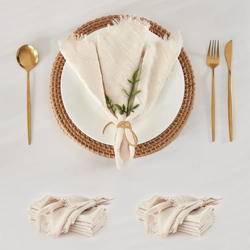 WAITER TREE Stoffservietten 12 Stück weiche Reine Baumwolle mit Fransen atmungsaktiv quadratisch rustikal handgefertigte Servietten für Abendessen Partys Hochzeiten 49 cm * 49 cm Beige von WAITER TREE