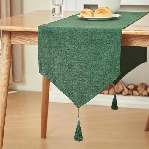 WAITER TREE Tischläufer Leinen Hochwertiger Tischläufer Tischwäsche Uni einfarbig Pflegeleicht Kollektion Tischläufer Leinenoptik Tischläufer Tannengrün 35 x 300 cm von WAITER TREE