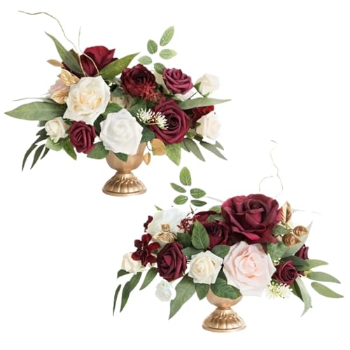 WAJJWI 2 Teile/Satz Künstliche Blumen Gefälschte Rose Bouquet Seide Blumen Tisch Blume Ball Arrangement Straße Führen Hochzeit Party Decor Hintergrund für Heimdekorationen(Deep red) von WAJJWI