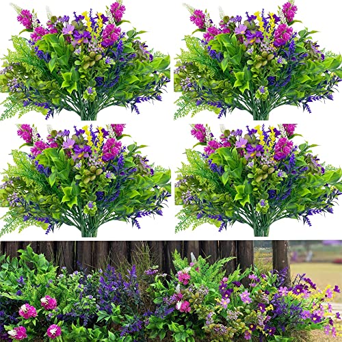 WAKISAKI 4 Pack 9-Bundle Multi-Arten realistische Kunstpflanzen Kunstblumen für Pflanzgefäße im Freien Künstliche Blumen für draußen im Topf, UV-beständig für jedes Wetter (Magenta & Lavendel, 36) von WAKISAKI