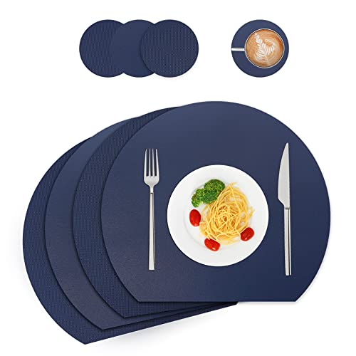 Tischsets und Untersetzer aus Leder, Platzdeckchen abwaschbar,Platzsets abwaschbar,Tischdeko,Tischset abwaschbar rund,Platz-Matten für Küche Speisetisch,4er-Set  (Halbkreis, Blau) von WAKOSAN