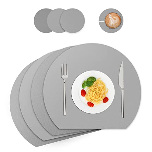 Tischsets und Untersetzer aus Kunstleder, Platzdeckchen abwaschbar,Platzsets abwaschbar,Tischdeko,Tischset rund,Platz-Matten für Küche Speisetisch,4er-Set (Halbkreis, grau) von WAKOSAN
