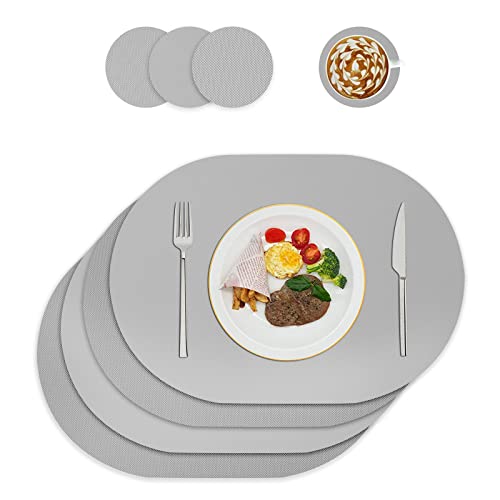 Tischsets und Untersetzer aus Kunstleder, Platzdeckchen abwaschbar,Platzsets abwaschbar,Tischdeko,Tischset rund,Platz-Matten für Küche Speisetisch,4er-Set (Oval, grau) von WAKOSAN