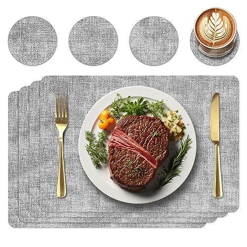 Tischsets und Untersetzer aus Leder, platzdeckchen abwaschbar,Platzsets abwaschbar,Tischdeko,tischsets tischsets abwaschbar,Platz-Matten für Küche Speisetisch,4er-Set (Rechteck, Weiß grau) von WAKOSAN