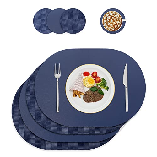 Tischsets und Untersetzer aus Leder,tischdeko,platzset abwischbar,PU Kunstleder Hitzebeständig Platz-Matten für Küche Speisetisch,4er-Set (Oval, Blau) von WAKOSAN