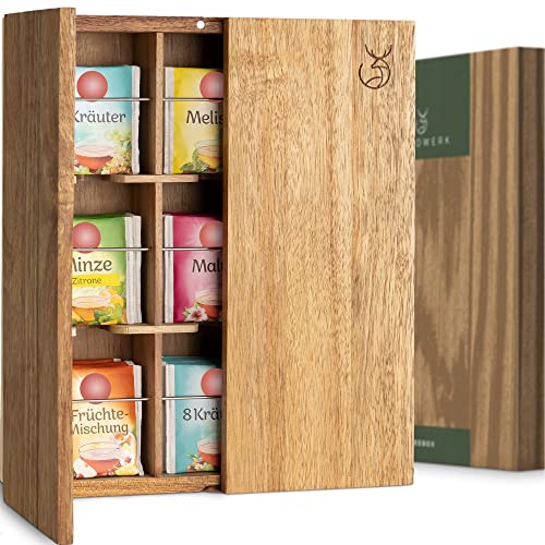 WALDWERK Design Teebox (9 Fächer) - Tee Aufbewahrung aus robustem Akazienholz - Plastikfreie Teebeutel Aufbewahrungsbox - Teebox groß mit Zubehör für Wandmontage - Teebox Holz von WALDWERK
