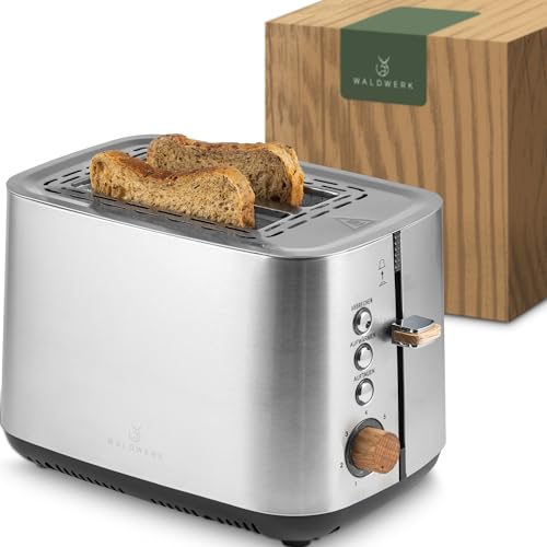 WALDWERK Design Toaster - aus 304 Edelstahl und Eichenholz - für 2 Scheiben - mit Brötchenaufsatz - mit extra breiten und tiefen Toastkammern - mit Krümelschublade von WALDWERK