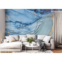 Marmor Tapete, Wand Wandbild Blau, Magenta, Gold, Handbemalte Peel & Stick Eco Wohnzimmer, Echt Look von FARFALESTUDIO