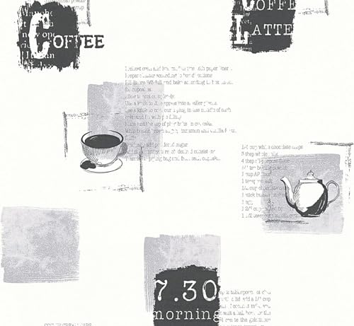 WALLCOVER Kaffee Tapete Weiß Schwarz Vliestapete Küche Kaffee Motiv Café Design Modern Küchentapete Vlies Weiß Grau Cappuccino 10,05 x 0,53 m von WALLCOVER