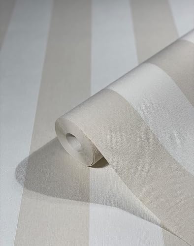 WALLCOVER Tapete Beige Vliestapete Streifen Streifentapete Landhaus Weiß Linien Modern Blockstreifentapete Fein Struktur 10.05 x 0.53 m Made in Germany von WALLCOVER