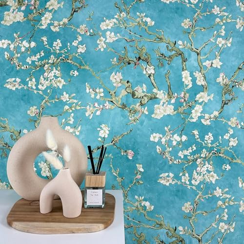 WALLCOVER Tapete Blumen Türkis Van Gogh Floral Blau Mandelblüte Blüte Vintage für Schlafzimmer Küche Wohnzimmer von WALLCOVER