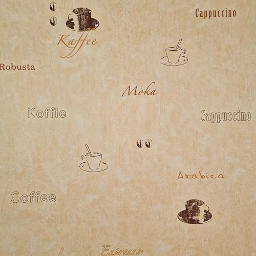 WALLCOVER Tapete Kaffee Motiv Beige Braun Tapete Cafe Bistro Design Küchentapete Modern Kaffeemotiv Braun Beige Cappuccino Tapete Küche Flur Wohnzimmer von WALLCOVER