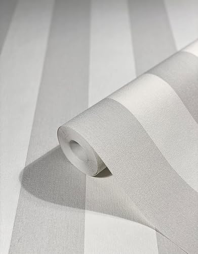 WALLCOVER Tapete Weiß Grau Vliestapete Streifen Streifentapete Landhaus Weiß Linien Modern Blockstreifentapete Fein Struktur 10.05 x 0.53 m Made in Germany von WALLCOVER