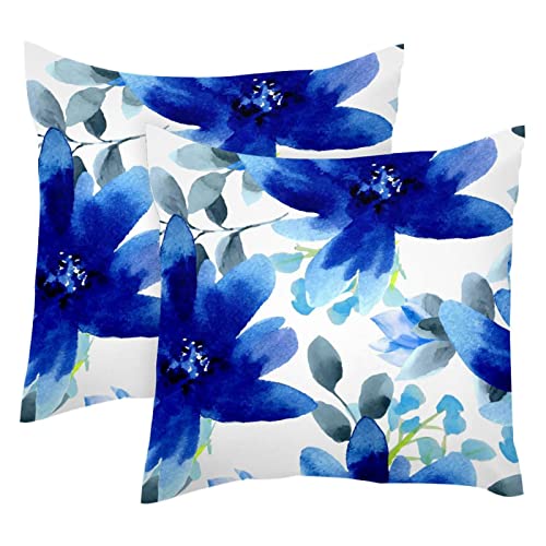 Blaue Blume Aquarell Malerei Packung mit 2 Kissenbezügen 45 x 45 cm, Bauernhaus Wurfkissenbezüge, quadratischer Kissenbezug für Frühling, Zuhause, Sofa, Couch, Dekoration von WALLDOR