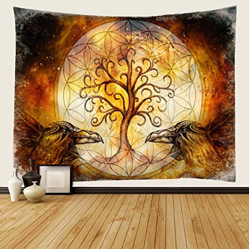 WALLDOR 3D Baum Des Lebens Wandteppich Wandbehang 150x200 cm Geometrie Krähe Wandbehang Tapisserie Wandtuch Wandkunst Decor für Wohnzimmer Schlafzimmer Wohnung Wohnheim von WALLDOR