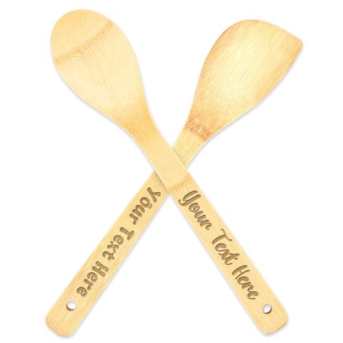 Kochlöffel Personalisiert,Personalisiertes Bambuslöffel-Set, anpassbarer Text,30 cm,Bambus-Rühr,Back-und Kochutensilien,personalisiertes Geschenk mit individuellem Text (Runder Löffel + Schaufel) von WALLFID