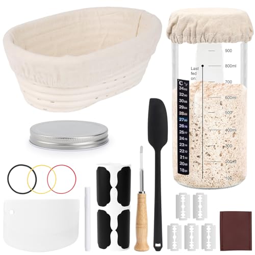 Ultimatives Brotbacken Zubehör und Sauerteig Starter Kit,Gärkorb zum Brotbacken,Brot Gärkorb,1000ml Sauerteig Jar von WALLFID
