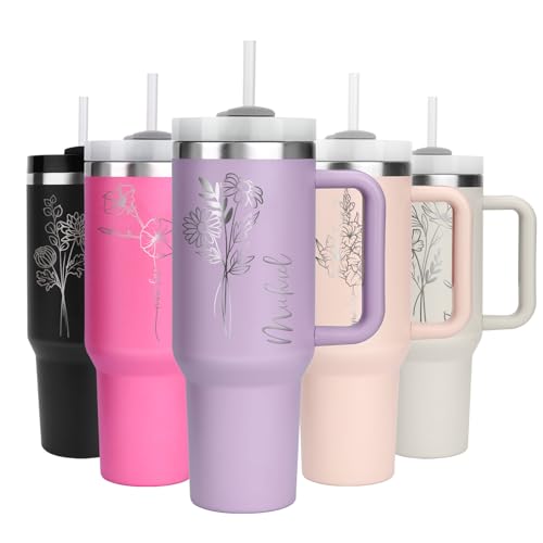 WALLFID 40oz Thermobecher personalisiert – Edelstahl Becher mit Initiale oder Geburtsblume, mit Namen & Wunschtext, Henkel, Deckel & Strohhalm, kompatibel mit Stanley Cup (Monatliche Blumendesign) von WALLFID