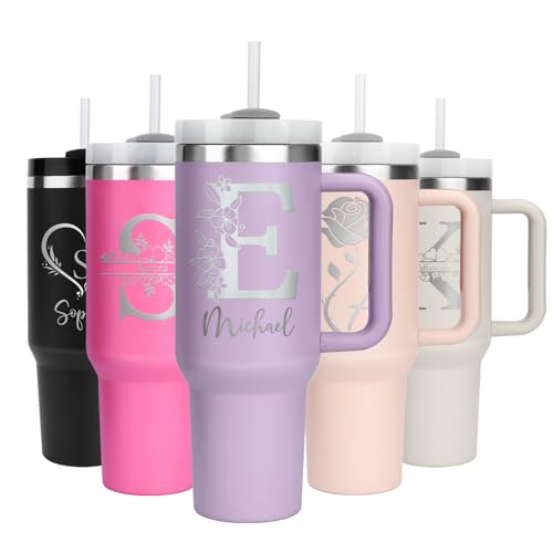 WALLFID 40oz Thermobecher personalisiert – Edelstahl Becher mit Initiale oder Geburtsblume, mit Namen & Wunschtext, Henkel, Deckel & Strohhalm, kompatibel mit Stanley Cup.(Brieftyp) von WALLFID
