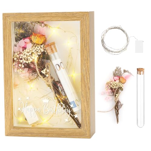 WALLFID Geldgeschenke, Geldgeschenke mit Bilderrahmen,einschließlich Trockenblumen,Fotorahmen,Reagenzgläsern aus Kunststoff,Lichterketten,Schreibtischdekorationsgeschenke (Happy birthday) von WALLFID