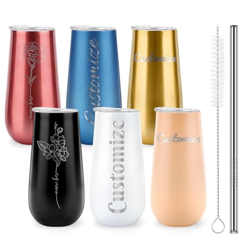 WALLFID Personalisierte Sektgläser mit Deckel, 6oz Edelstahl Champagnerglas mit Gravur, Thermobecher To Go, personalisierte Tasse, Weinbecher, für Hochzeit, Geburtstag, Camping, Brautjungfer Geschenk von WALLFID