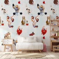 Aquarell Zirkus Kinderzimmer Wallpaper Für Jungen Raumdekor, Wanddekor, Wunderliche Tiere Retro Wandkunst von WALLPAPERS4BEGINNERS