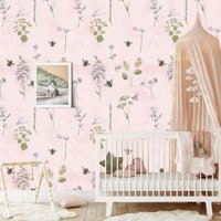 Blush Rosa Aquarell Wiese Wallpaper, Jolie Blumen Soft Color Kinderzimmer Wanddekor, Biene Mädchen Zimmer Pastell Wandkunst von WALLPAPERS4BEGINNERS