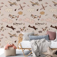 Cartoon Flugzeuge Kinderzimmer Tapete, Flugzeug Fliegen Spielzimmer Wanddeko, Kinder Wandbild Mit Wolken, Jungen Zimmer Wand Kunst von WALLPAPERS4BEGINNERS