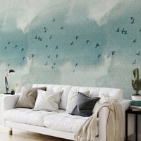 Extra Große Wand Kunst Flock Vögel Natur Wallpaper, Aquarell Grüne Landschaft Malerei Fliegen Wanddekor von WALLPAPERS4BEGINNERS