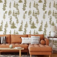 Grünes Holz Mit Aquarell Kiefern Wald Wallpaper, Wilde Natur Bäume Wand-Dekor, Wald-Wand-Kunst von WALLPAPERS4BEGINNERS