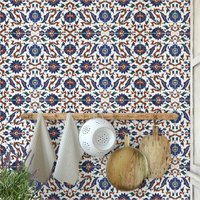 Küche Tapete Mit Mosaiksteinfliesen, Temporäre Talavera Tile Wall Decor Blauer Und Roter Textur von WALLPAPERS4BEGINNERS