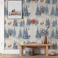 Schnee Winter Wald Mit Tieren Tapete, Berg Geweih Wand Dekor, Kinderzimmer Ruhe Verschneite Wandkunst von WALLPAPERS4BEGINNERS