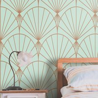 Vintage Inspirierte Art Déco Tapete, Goldene Faltende Fächer Hellblaue Tapete von WALLPAPERS4BEGINNERS