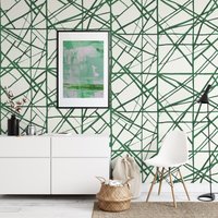 Weiße Und Grüne Moderne Streifen Shibori Wallpaper, Abstrakte Pinselstriche Linie Wandbild von WALLPAPERS4BEGINNERS