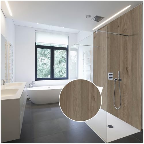 WALLando Premium Duschrückwand 250 x 100 cm – Einfach zu montierende Wandverkleidung für Dusche & Bad – Hochwertige PVC-Duschwand in Holzoptik, seidenmatt – Landhaus Eiche von WALLando